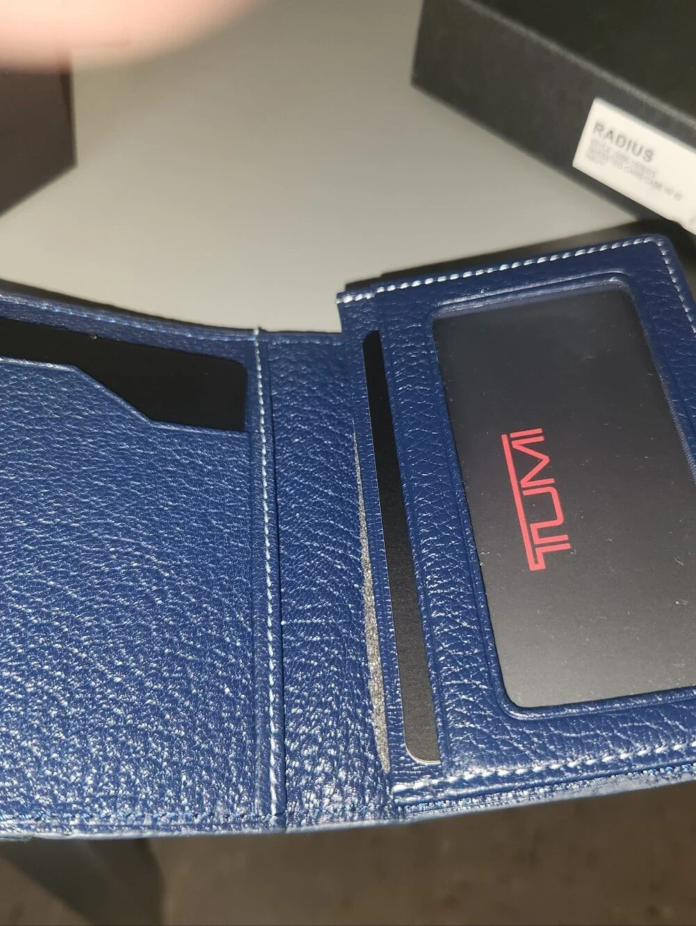 Tumi Navy Pebbled Leather Card & Key Holder with Silver Tone Logo